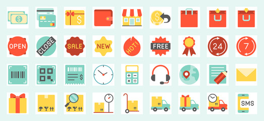Fototapeta premium E commerce, shopping and delivery icons set for online business in website and apps size 64 pix build with grid, such as call center, delivery, sales, promotions, return money policy, working hours