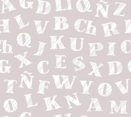 Spanish alphabet, seamless pattern, shading pencil, gray, vector. Spanish alphabet. Hatching a white pencil on the grey box. Simulation. Vector decorative background.  