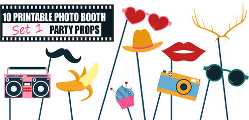 Colorful photo booth props icon set vector illustration - obrazy, fototapety, plakaty