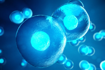 Human or animal cells on blue background. Concept Early stage embryo Medicine scientific concept, Stem cell research and treatment. 3D illustration.