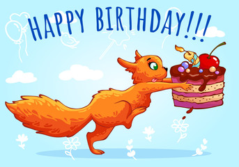 Redhead funny squirrel with delicious chocolate cake on  blue background. Cartoon characters. Can be used for fashion print design, kids wear, baby shower, celebration greeting and invitation card.