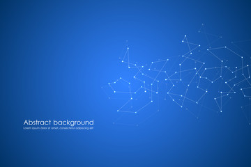 Abstract futuristic background with dots and lines, molecular particles and atoms, polygonal linear digital texture, technological and scientific concept, vector illustration