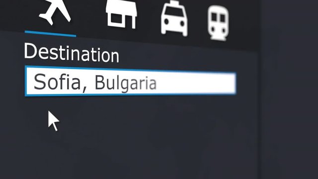 Buying airplane ticket to Sofia online. Travelling to Bulgaria conceptual animation