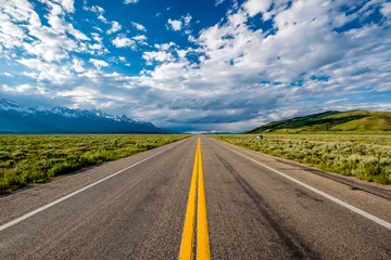 Vlies Fototapete Teton Range Leere offene Autobahn in Wyoming