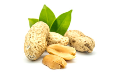 Closeup Many Dried peanuts with green leaf isolated on white background .