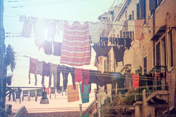 traditional italian clothesline, beautiful vintage urban scene in Venice (Italy)