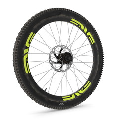 Front wheel of a mountain bike isolated on white. 3D illustration