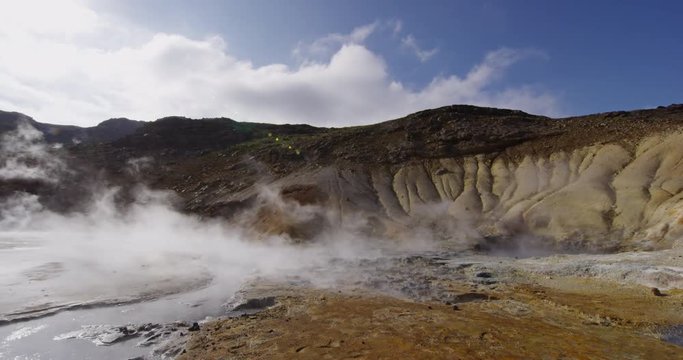 Iceland landscape nature video of volcano geothermal volcanic activity fields showing volcanic active fumaroles. Seltun geothermal field in Krysuvik on Reykjanes peninsula, South West Iceland.