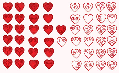 set of vector icons depicting heart contours and shading