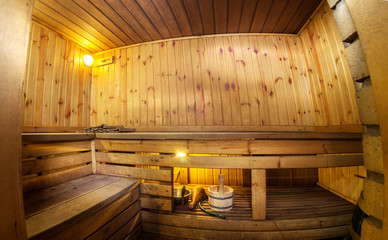 Fisheye view of a sauna - finnish hot treatment room