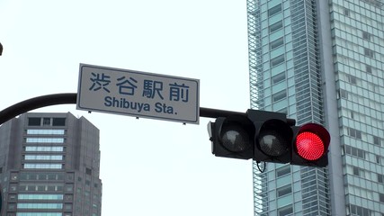 Japan Tokyo Shibuya Traffic sign in front of Shibuya station and above scramble crossing October 2017 - Powered by Adobe