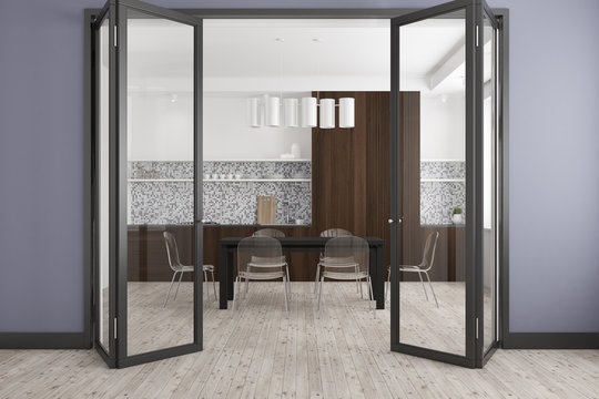 Gray dining room, glass door