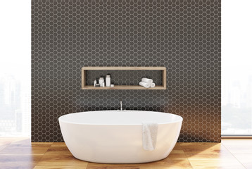 Fototapeta na wymiar Black hexagonal bathroom, round tub