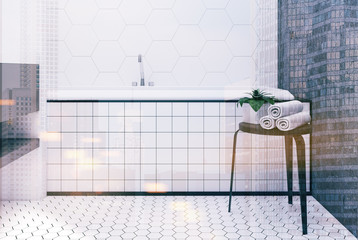 Hexagon tile bathroom, tub close up toned