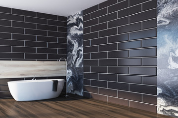 Gray marble bathroom corner, black brick, tub