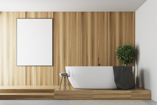 Wooden and white bathroom, tub and poster