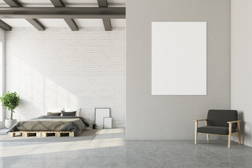 White bedroom, horizontal poster, armchair