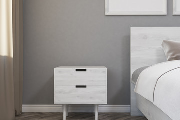 Gray minimalistic bedroom, table