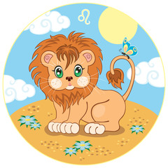Leo. Baby sign of the zodiac. Cute lion cub in the wilderness.