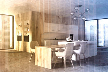 Kitchen corner, panoramic window, oven toned