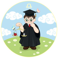 Libra. Baby sign of the zodiac. Smart boy with glasses holds the scales with an apple.