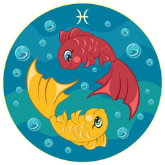 Pisces. Baby sign of the zodiac. Two colored fish.