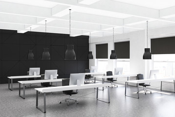 Black open space office corner, rows of desks