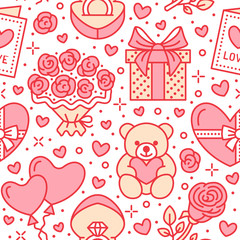 Valentines day seamless pattern. Love, romance flat line icons - hearts, chocolate, teddy bear, engagement ring, balloons, valentine card, red rose. Pink wallpaper for february 14 celebration.