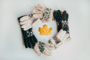 Handmade knitted socks for the cold season. View from above. Many different blue color socks.