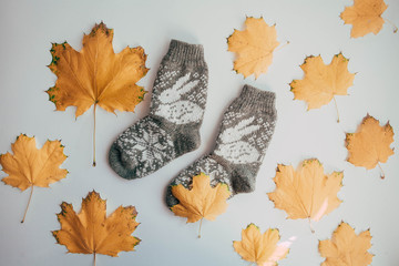 Handmade knitted socks for the cold season. View from above. Many different blue color socks.