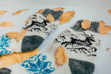 Handmade knitted socks for the cold season. View from above. Many different blue color socks.