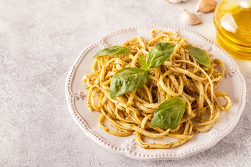 Pasta with homemade pesto sauce.