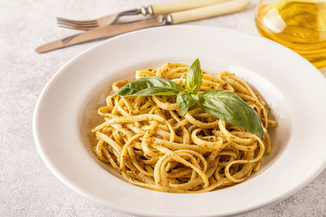 Pasta with homemade pesto sauce.