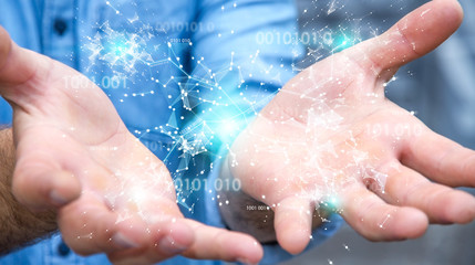 Fototapeta premium Businessman using digital binary code connection network 3D rendering