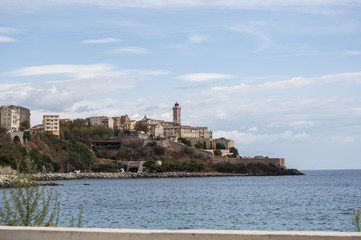 Corsica, 03/09/2017: lo skyline dell'antica cittadella di Bastia, la città alla base del Capo Corso, vista dal lungomare
