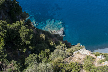 Naklejka na ściany i meble Corsica, 28/08/2017: vista aerea di Plage de Nonza, la lunga spiaggia nera di Nonza, uno dei borghi più famosi della costa occidentale di Capo Corso