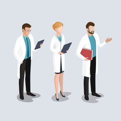 Flat isometric male female doctors medic healthcare vector