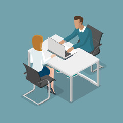 Flat isometric people at office 3d business vector illustration