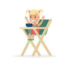 Fototapeta premium Flat baby daughter child eating in feeding high chair vector