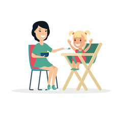 Flat Family Mother feeding baby daughter child in chair vector