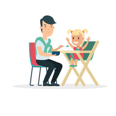 Flat Family father feeding baby daughter child in chair vector