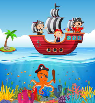 Children on pirate ship and ocean scene