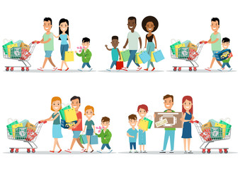 Fototapeta premium Flat Happy parents children purchases cart vector set. Shopping.