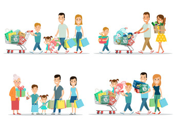Flat Happy parents children purchases cart vector. Shopping.