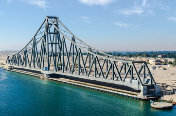 Аragment of El Ferdan Railway Bridge, the longest swing bridge in the world, runs from west of Suez Canal to east into Sini, Suez Canal, Egypt 