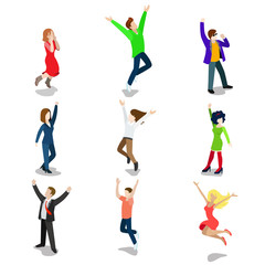 Flat isometric 3d happy casual people characters vector icon set
