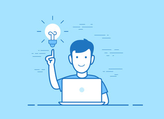 Flat linear vector idea banner workplace. Man working laptop