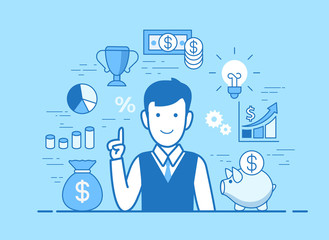 Flat linear vector idea icons workplace. Man working laptop