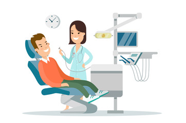 Flat patient visiting doctor vector illustration. Dentist clinic