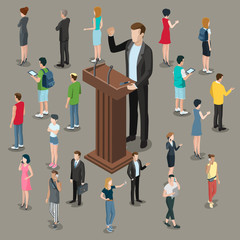 Flat isometric politician business speech vector. People listen - obrazy, fototapety, plakaty